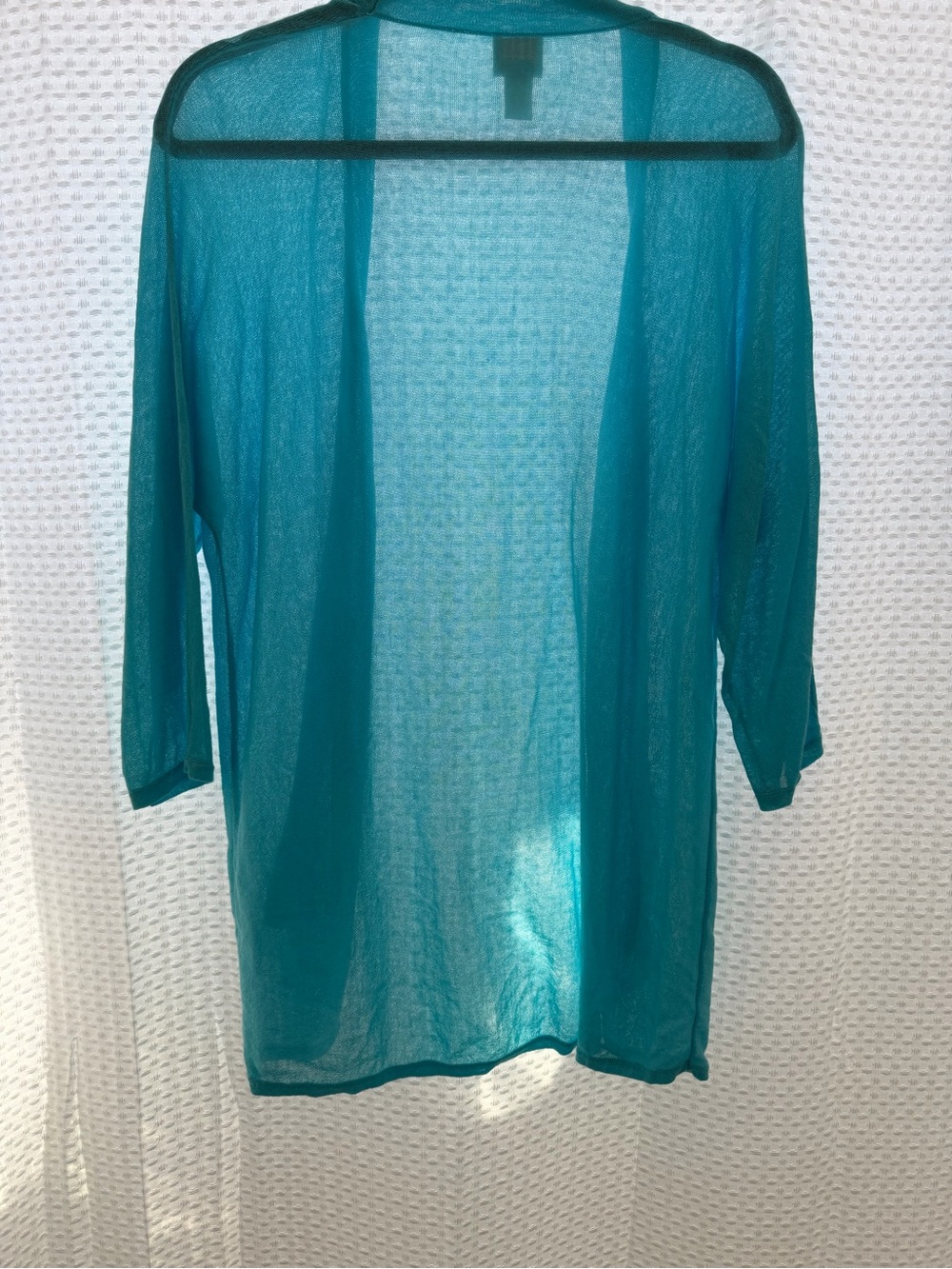Chico’s Turquoise Sheer Open Front Cardigan 3/4 Sleeve Size 1